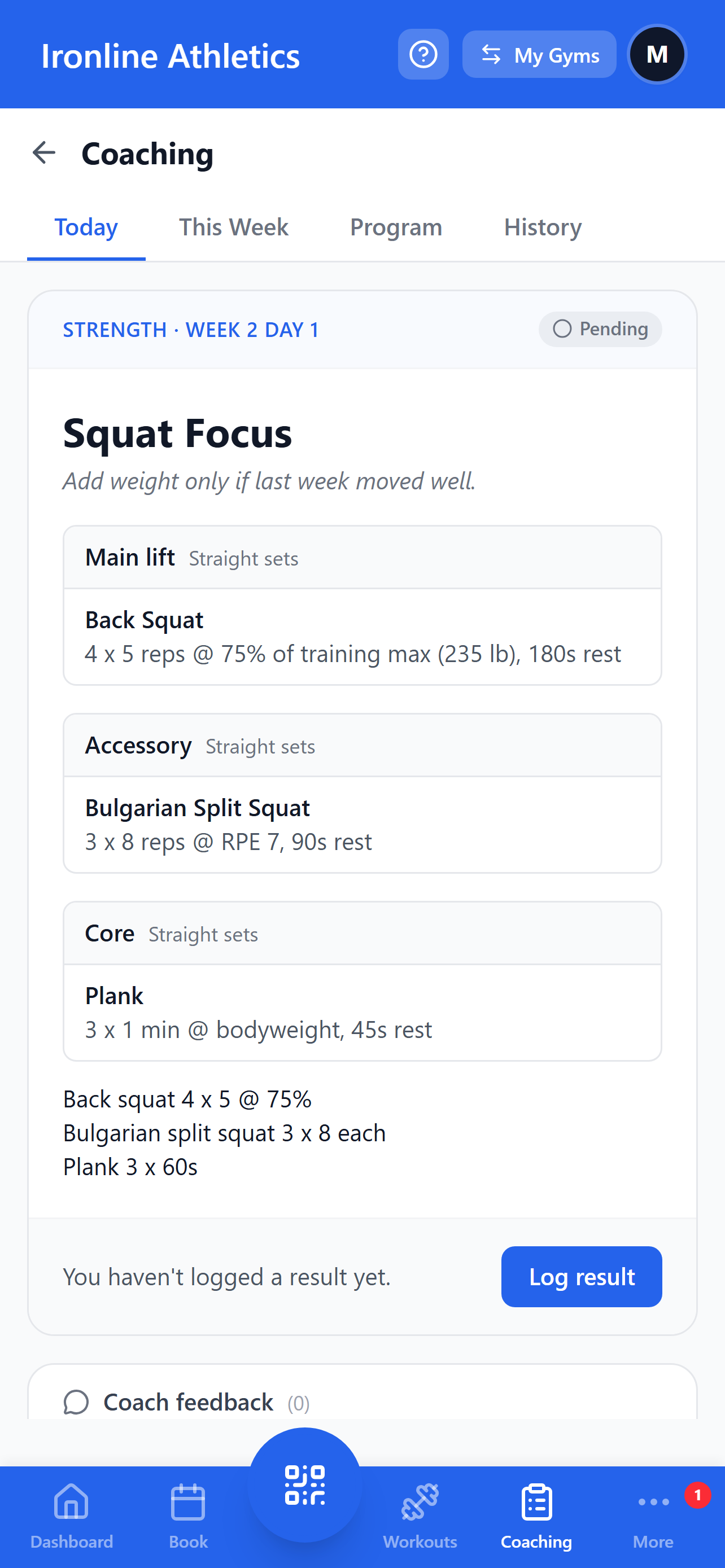 An athlete coaching plan with percentage sets resolved to plate-loadable weights, 4 x 5 at 75% of a 235 lb training max