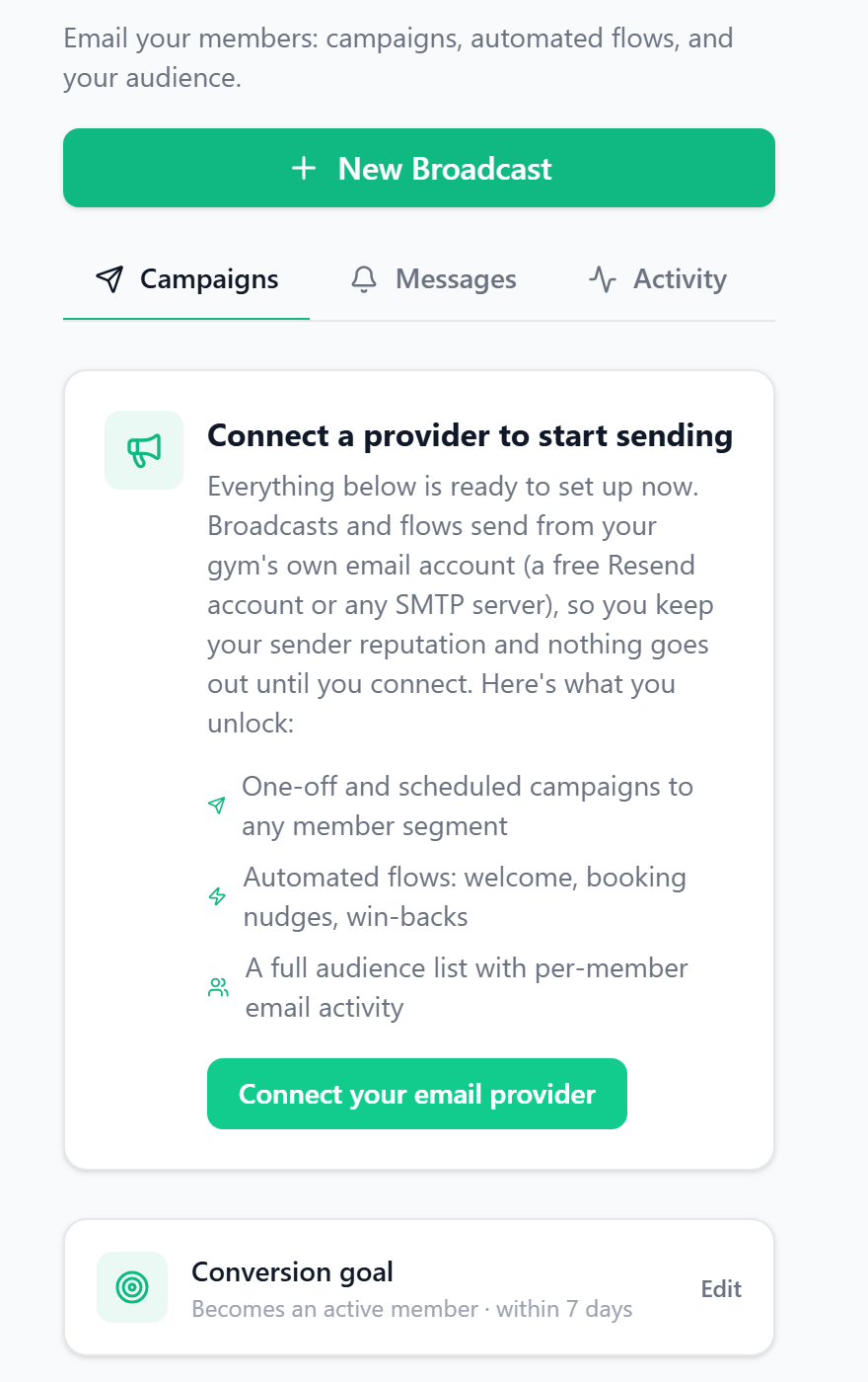 Broadcast Center showing campaigns, automated flows, and audience tabs