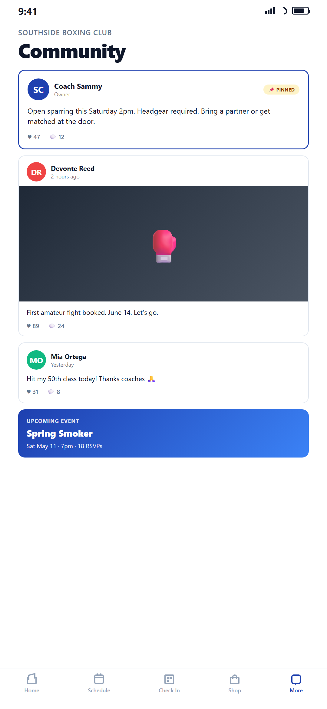 Community feed at a boxing gym with pinned posts, photos, and event RSVPs