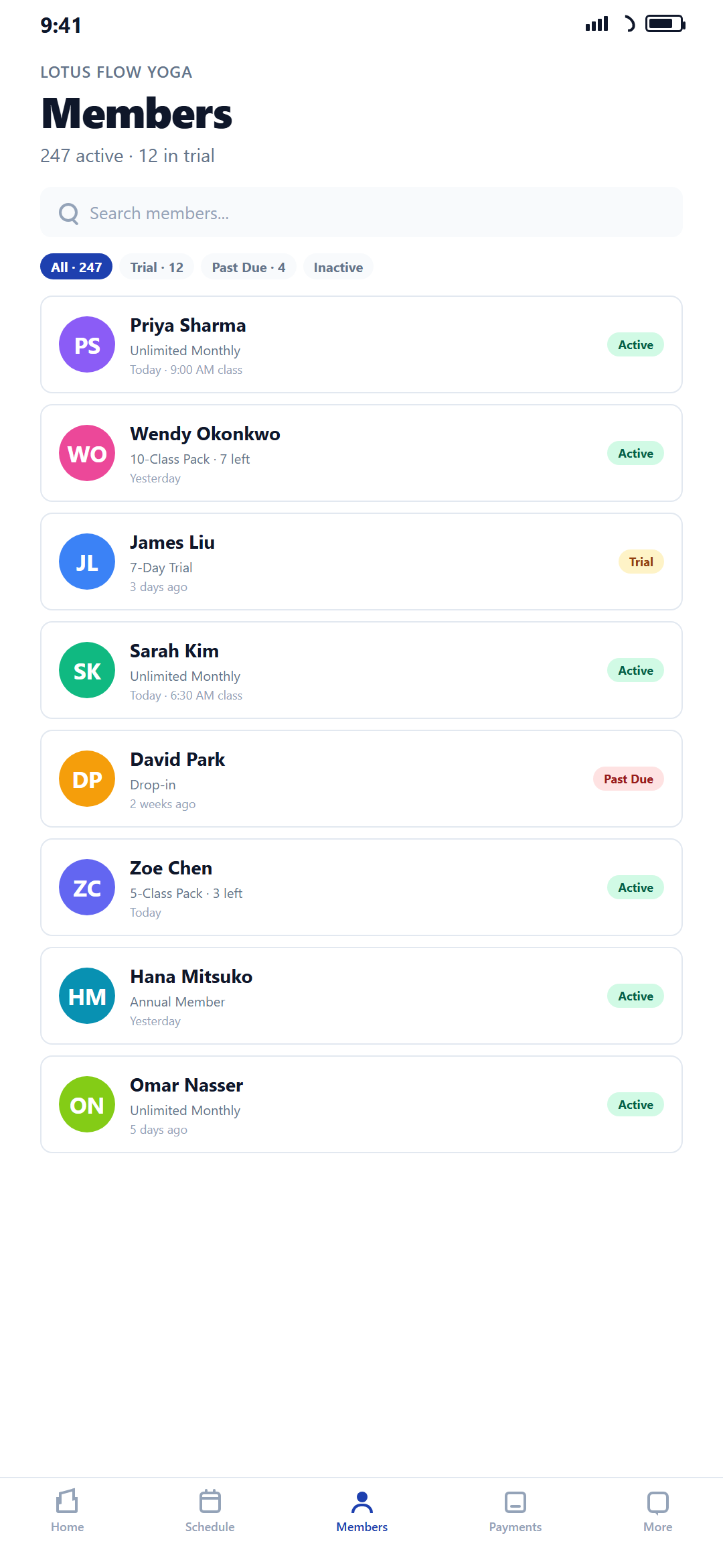 Member list at a yoga studio with status pills and tier info