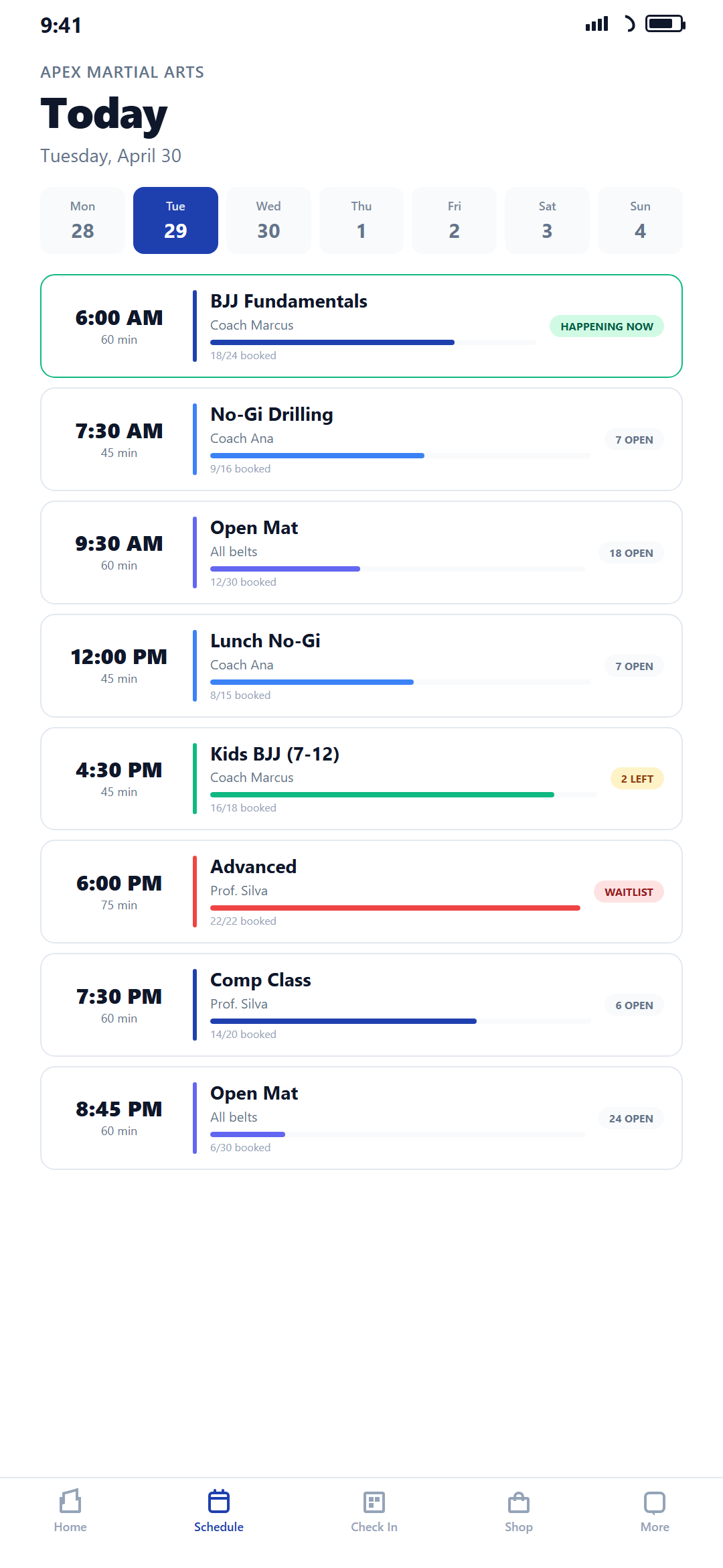Class schedule view showing a BJJ gym with 8 classes scheduled