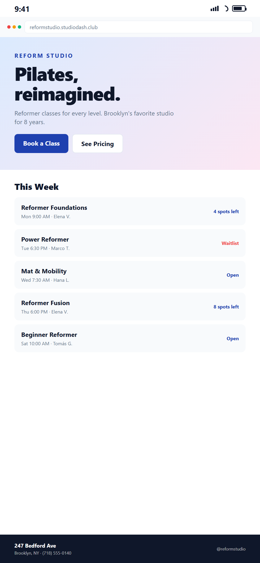 Pilates studio website preview with hero image and class schedule